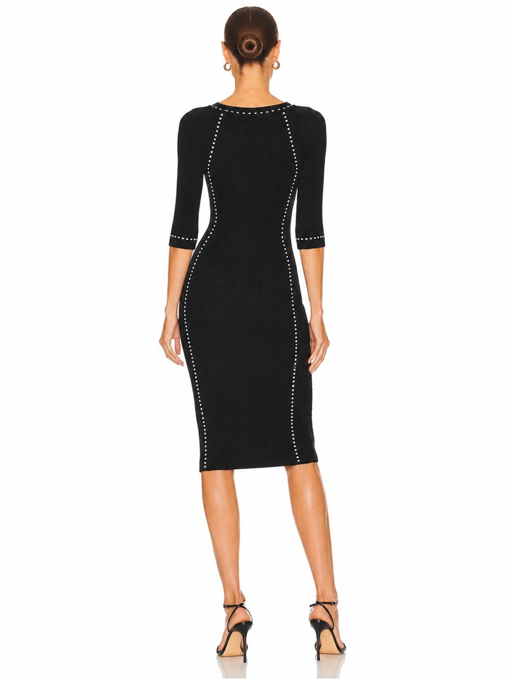 House of Harlow 1960 Ribbed Long Sleeve Midi Dress Black White Stitching Chic M - Picture 2 of 5